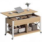 Mesa de Centro Elevatória com Rodas Mesa de Sala com Compartimento Oculto Prateleiras Abertas Mesa de Café para Sala de Jantar Escritório 105x50x67 cm Madeira e Branco — foto 1