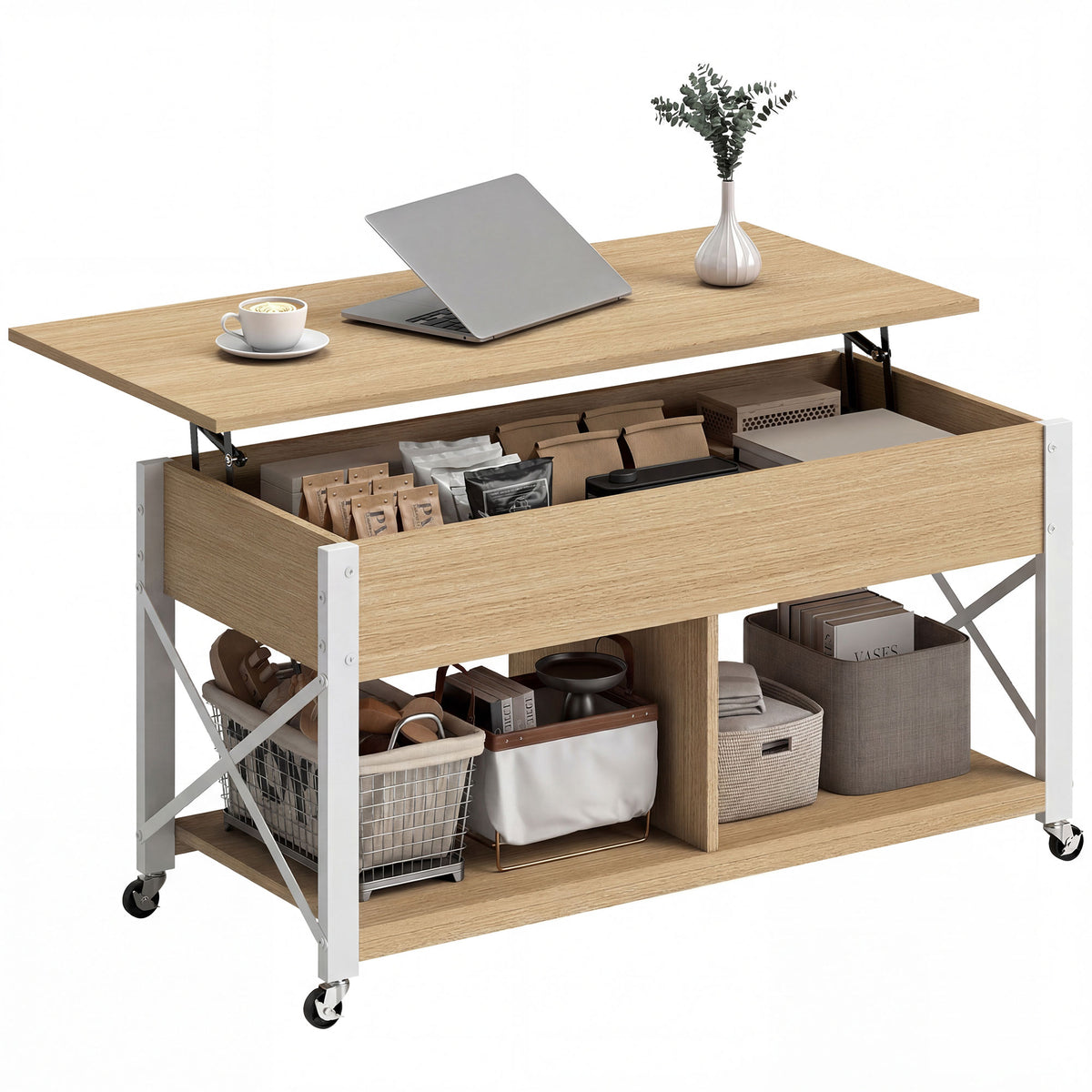 Mesa de Centro Elevatória com Rodas Mesa de Sala com Compartimento Oculto Prateleiras Abertas Mesa de Café para Sala de Jantar Escritório 105x50x67 cm Madeira e Branco — foto 1