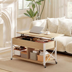 Mesa de Centro Elevatória com Rodas Mesa de Sala com Compartimento Oculto Prateleiras Abertas Mesa de Café para Sala de Jantar Escritório 105x50x67 cm Madeira e Branco — foto 2