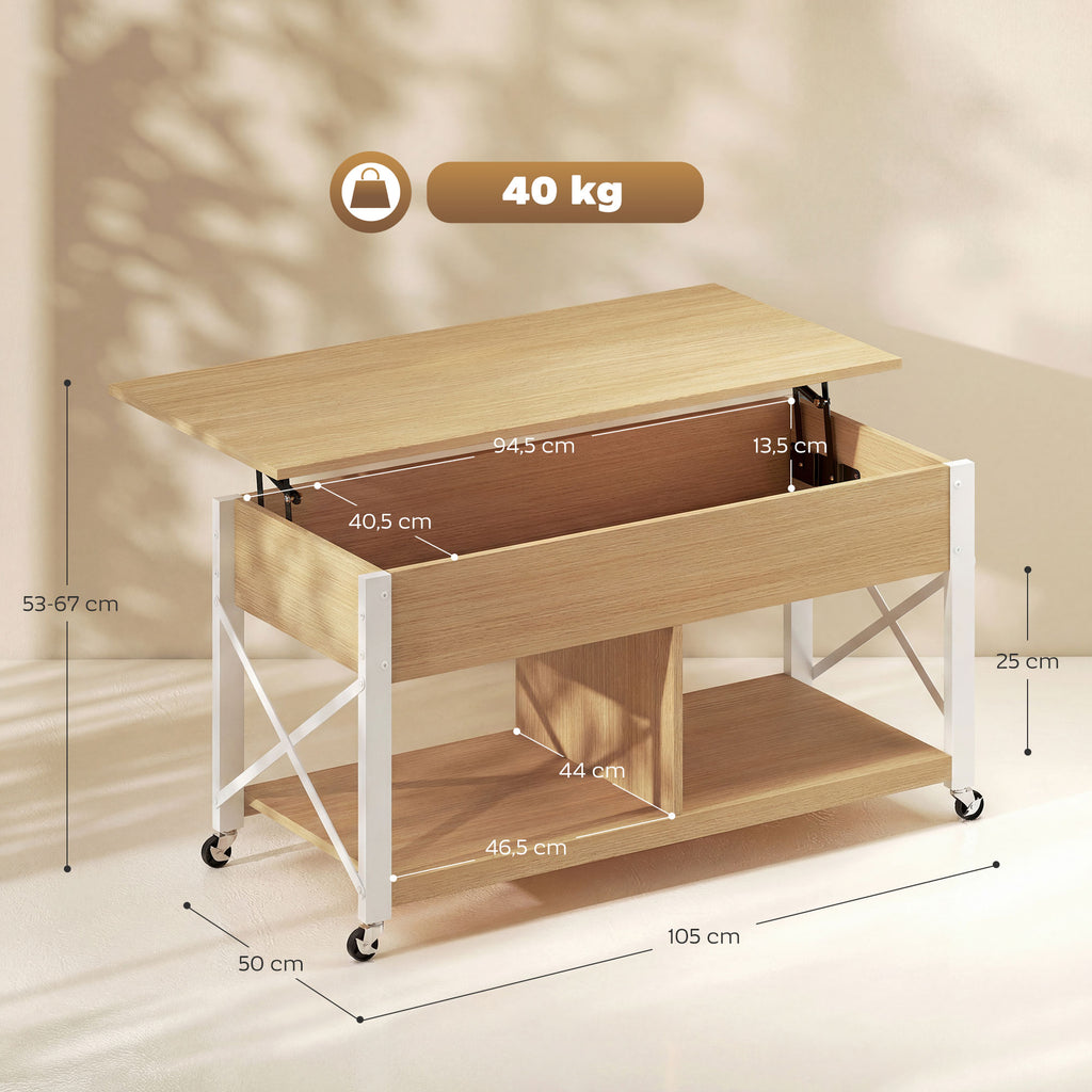 Mesa de Centro Elevatória com Rodas Mesa de Sala com Compartimento Oculto Prateleiras Abertas Mesa de Café para Sala de Jantar Escritório 105x50x67 cm Madeira e Branco — foto 3
