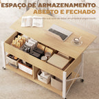 Mesa de Centro Elevatória com Rodas Mesa de Sala com Compartimento Oculto Prateleiras Abertas Mesa de Café para Sala de Jantar Escritório 105x50x67 cm Madeira e Branco — foto 7