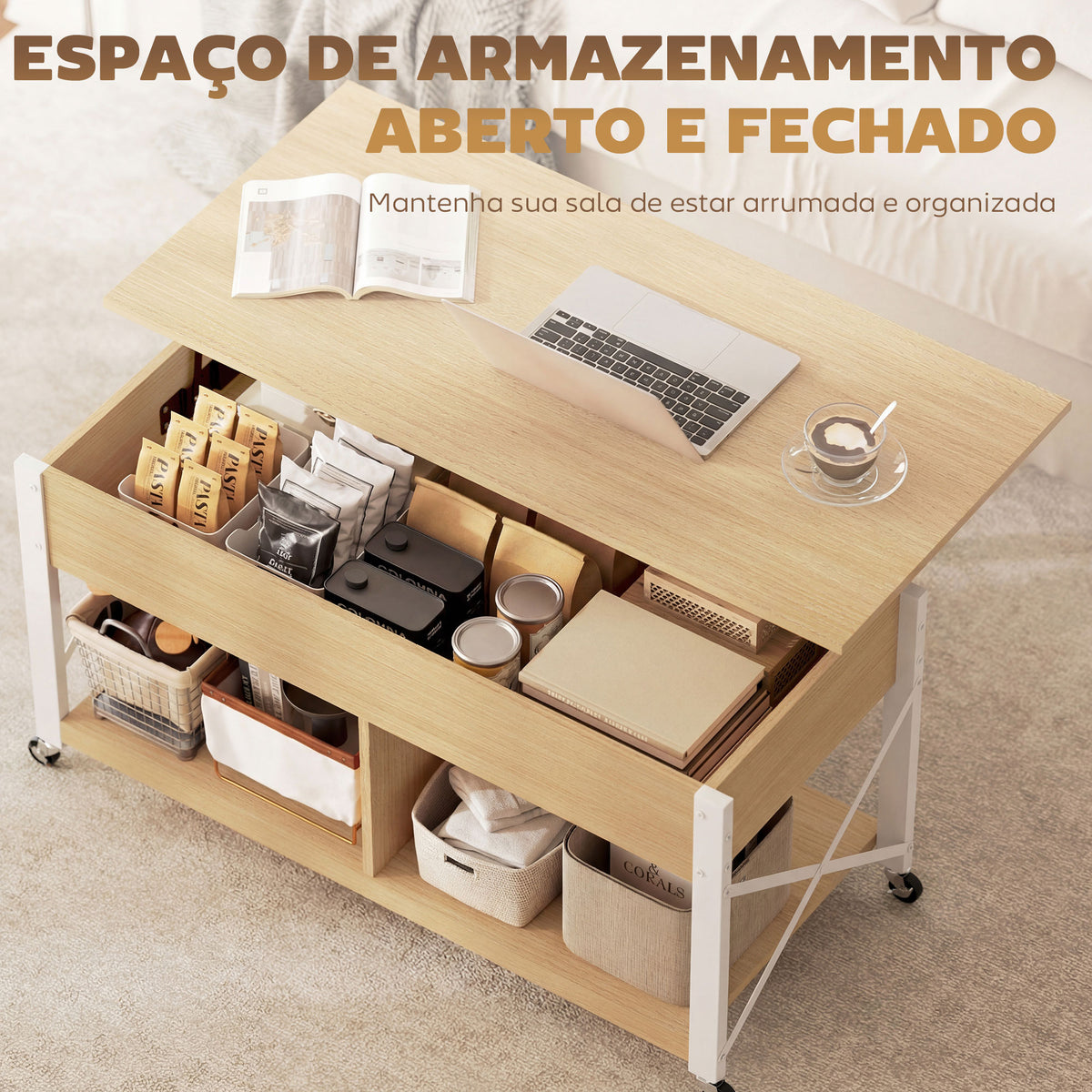 Mesa de Centro Elevatória com Rodas Mesa de Sala com Compartimento Oculto Prateleiras Abertas Mesa de Café para Sala de Jantar Escritório 105x50x67 cm Madeira e Branco — foto 7