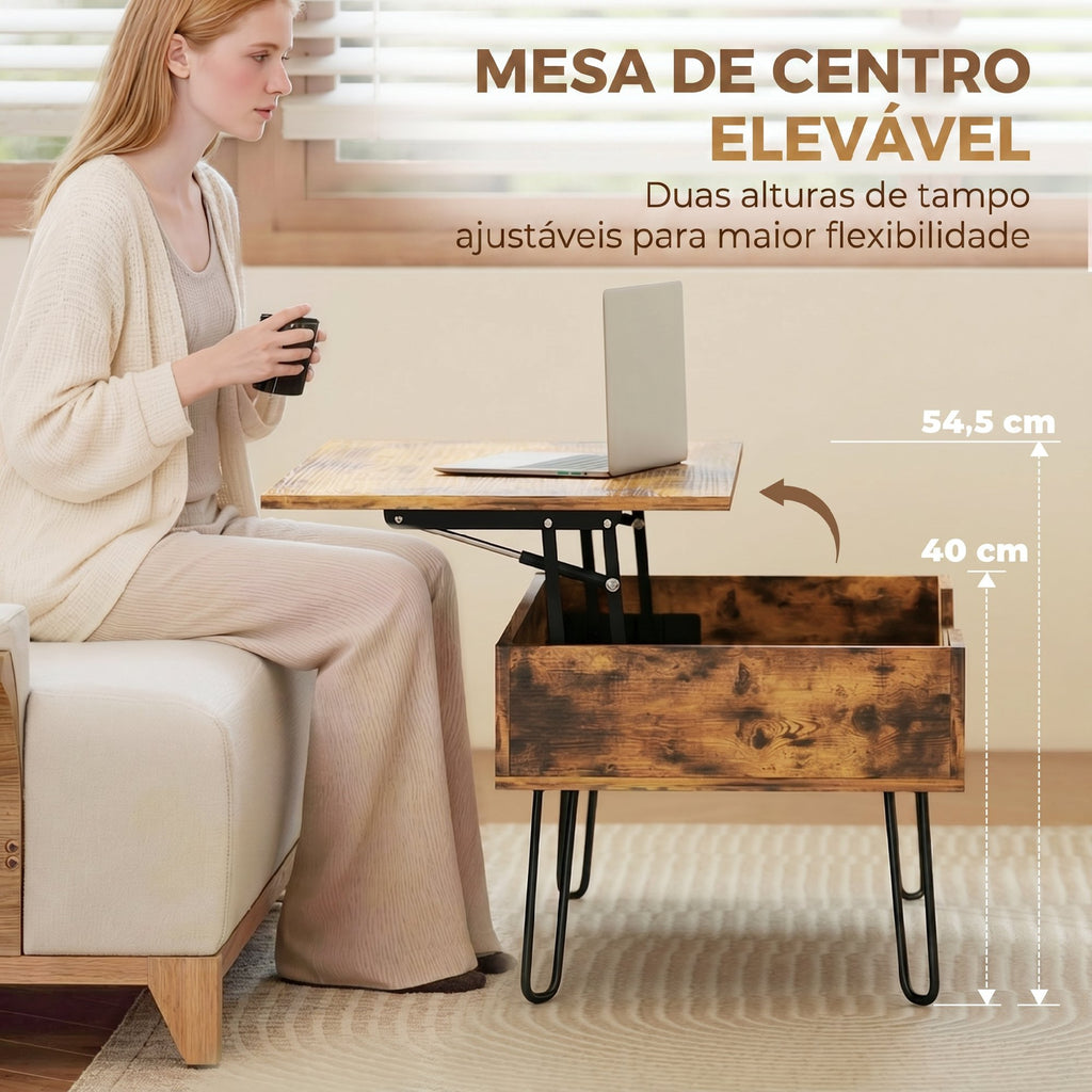 Mesa de Centro Elevatória Mesa de Café para Sala com Compartimento Oculto, Pés de Aço para Sala de Estar 95x50x40 cm Castanho Rústico — foto 4