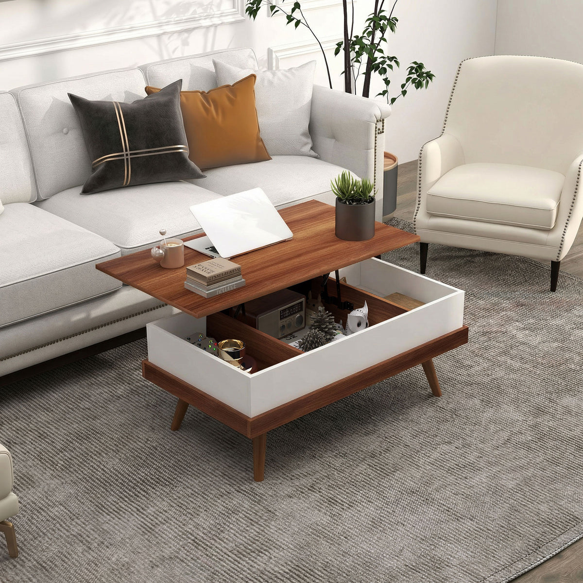 Mesa de Centro Elevatória Mesa de Centro Sala de Estar com 3 Compartimentos de Armazenamento Ocultos e Pés de Madeira para Escritório Dormitório 100x79x54 cm Marrom e Preto — foto 2