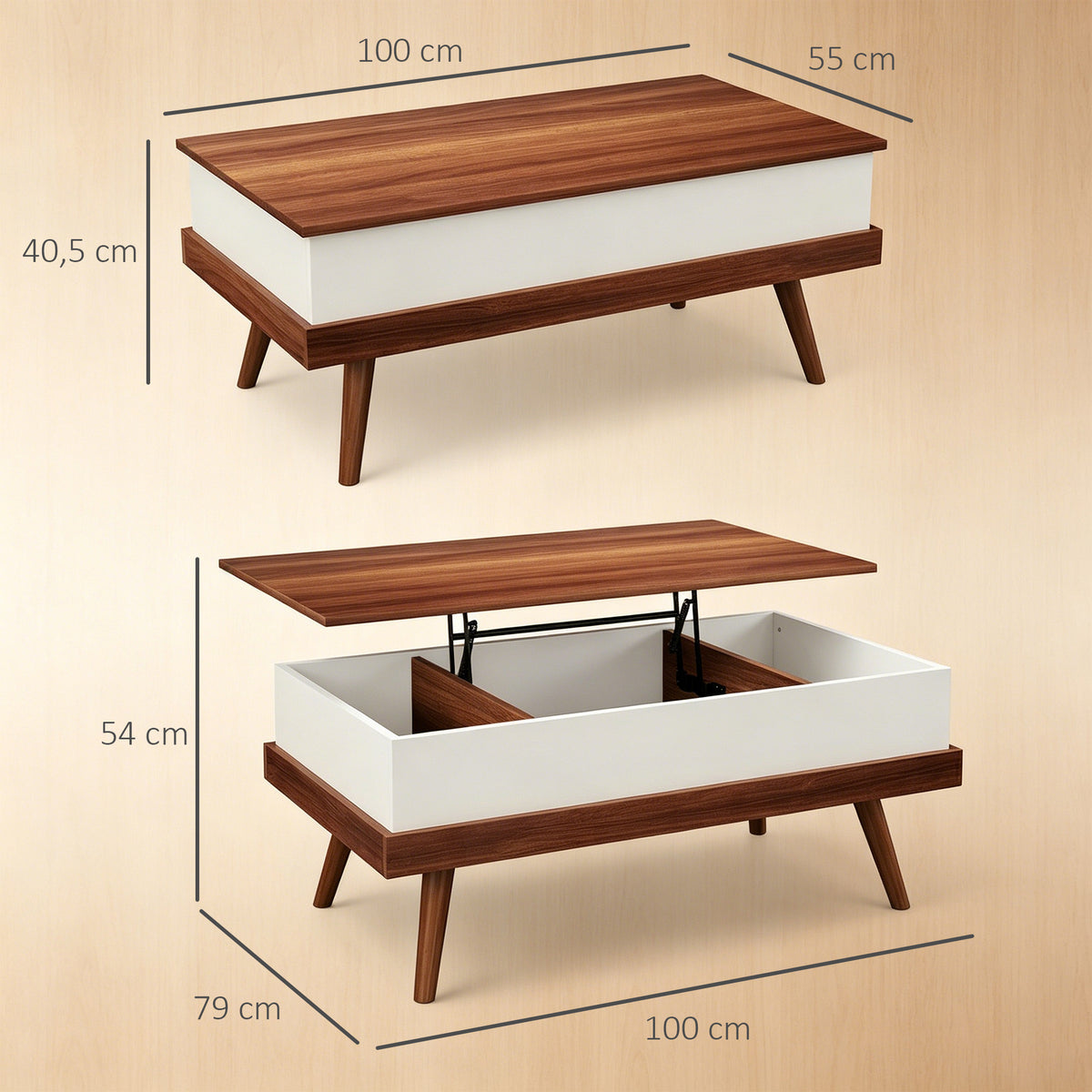 Mesa de Centro Elevatória Mesa de Centro Sala de Estar com 3 Compartimentos de Armazenamento Ocultos e Pés de Madeira para Escritório Dormitório 100x79x54 cm Marrom e Preto — foto 3