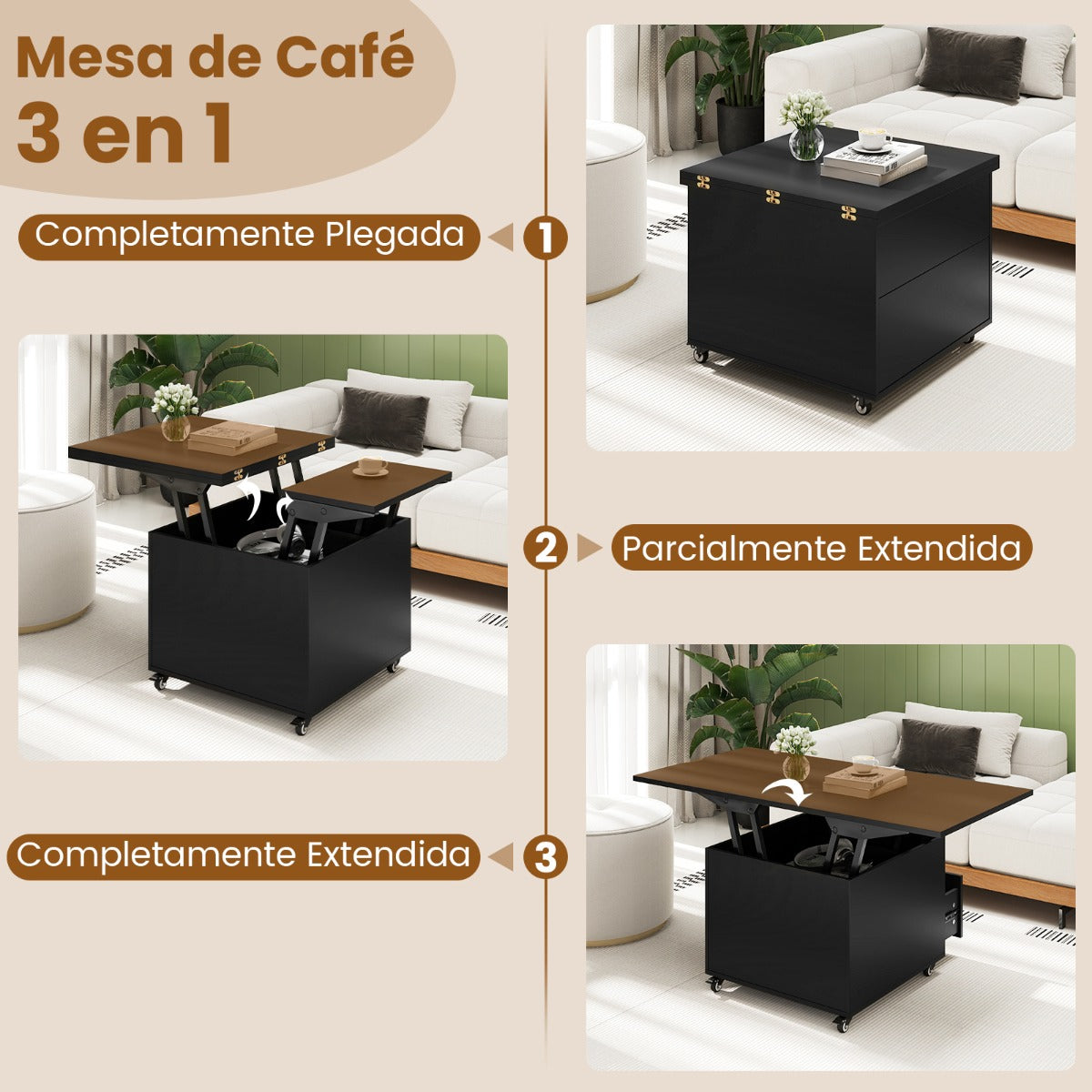 Mesa de Centro Elevável 3 em 1 com Arrumação e Rodas Bloqueáveis - Preta — foto 6