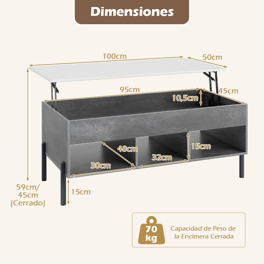 Mesa de Centro Elevável Cinzenta com Tampo Ajustável e Compartimento Oculto — foto 3