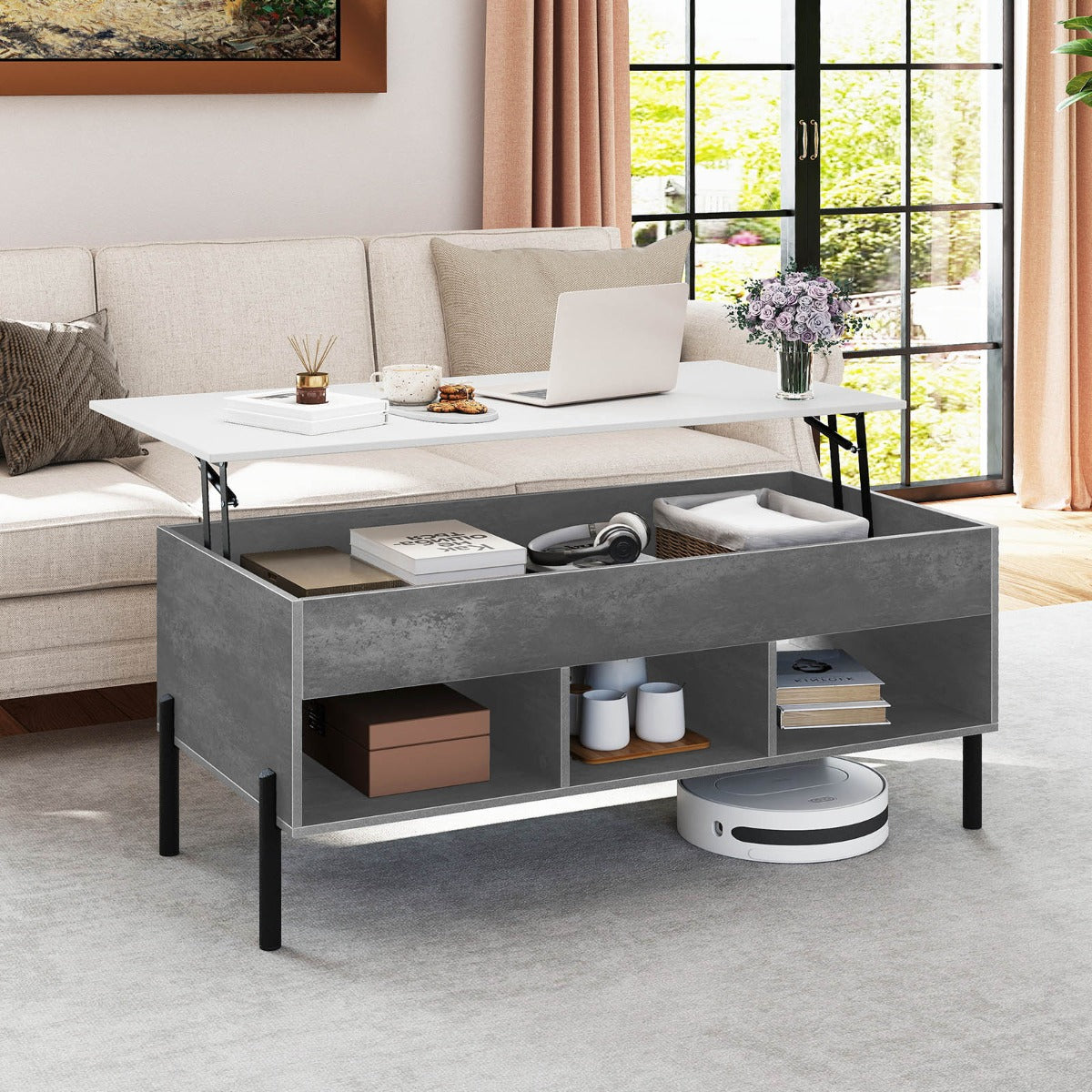 Mesa de Centro Elevável Cinzenta com Tampo Ajustável e Compartimento Oculto — foto 5