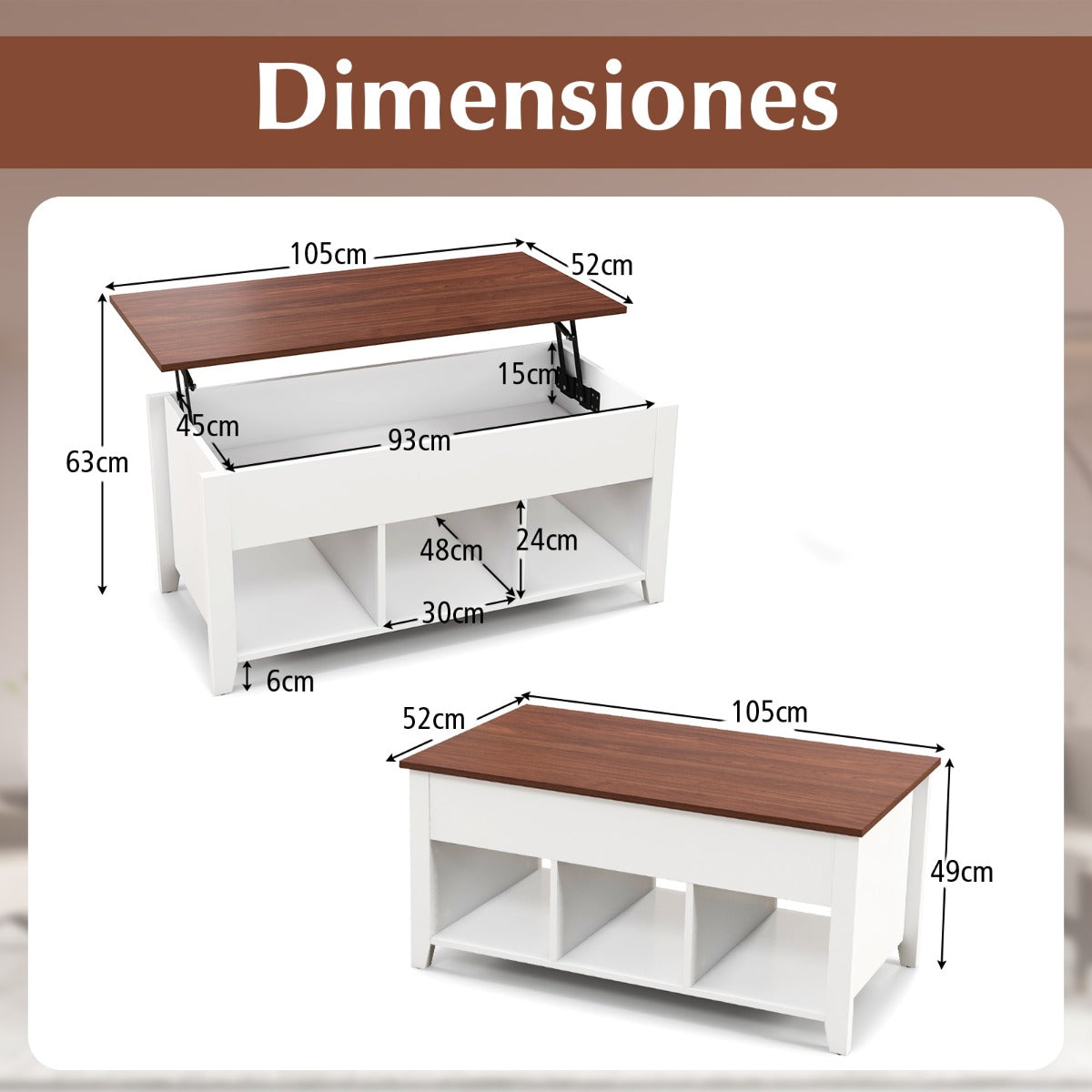 Mesa de Centro Elevável com 3 Prateleiras Abertas para Sala 105 x 52 x 49 cm — foto 3