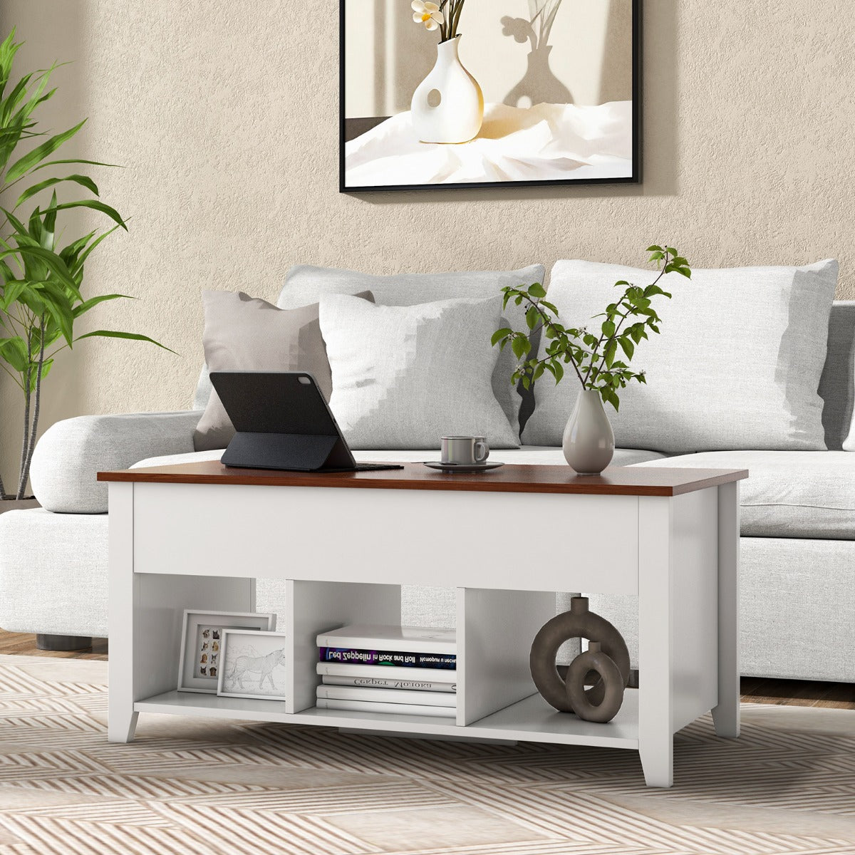Mesa de Centro Elevável com 3 Prateleiras Abertas para Sala 105 x 52 x 49 cm — foto 5