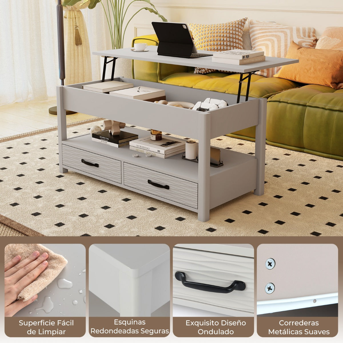 Mesa de Centro Elevável com Arrumação Compartimento Oculto e 2 Gavetas Cinzenta — foto 7