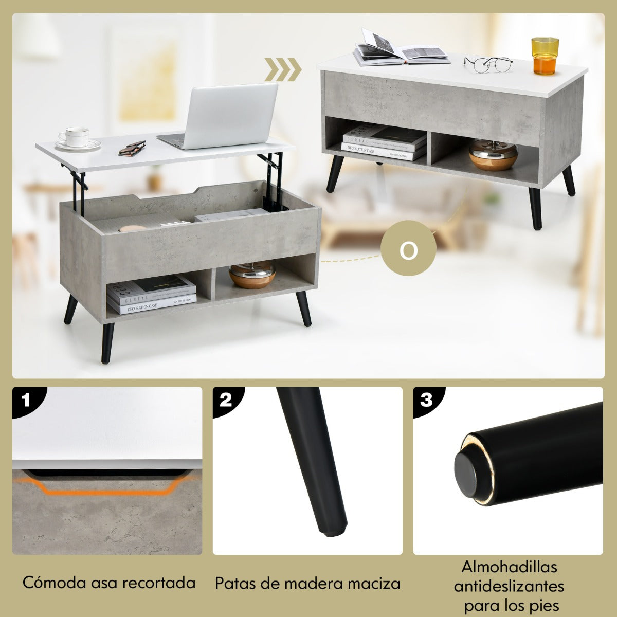 Mesa de Centro Elevável com Compartimento Oculto e 2 Prateleiras 80x40x44,5cm — foto 6