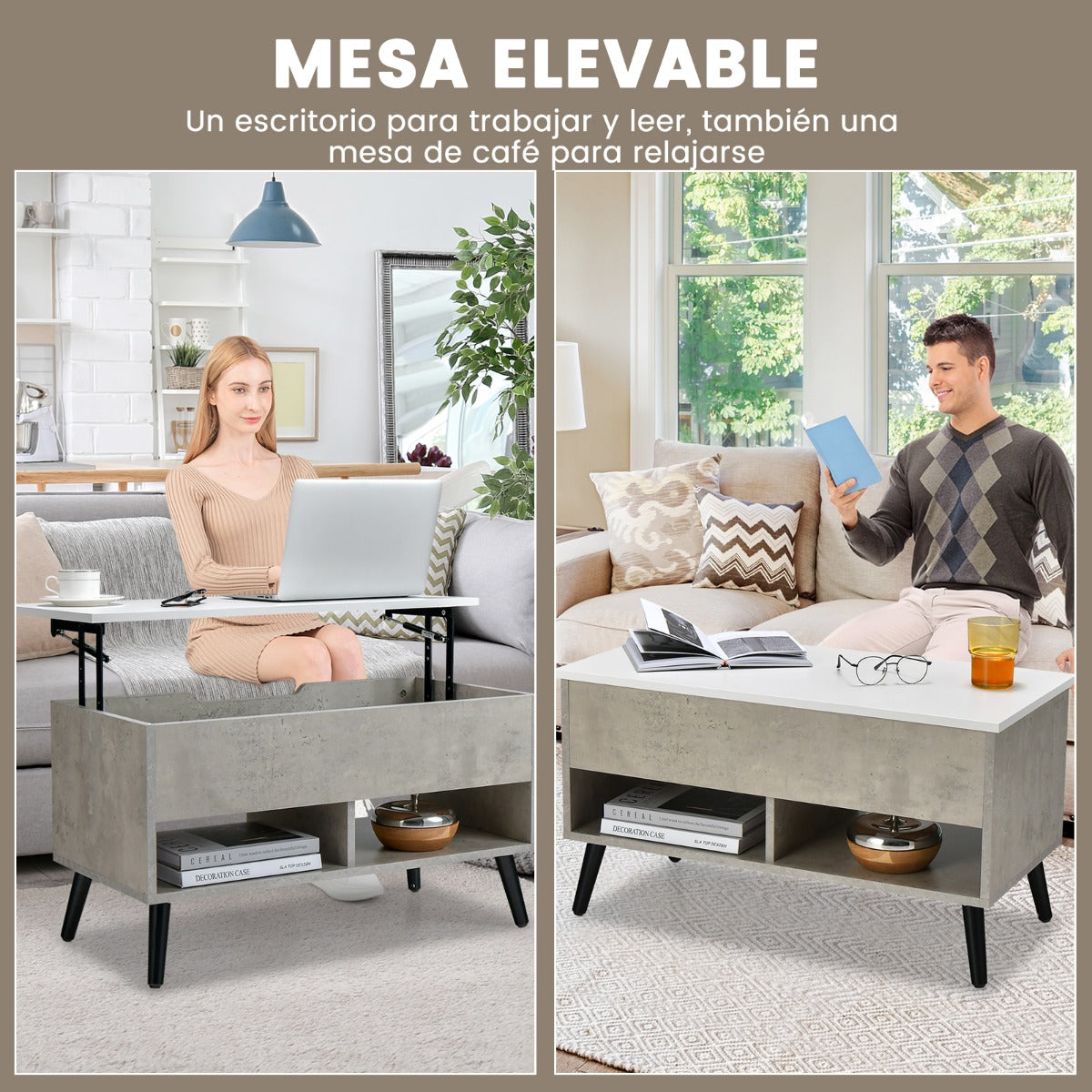 Mesa de Centro Elevável com Compartimento Oculto e 2 Prateleiras Cinzenta — foto 7