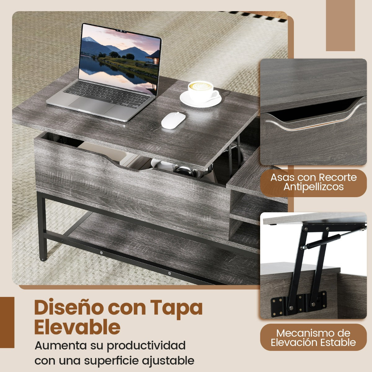 Mesa de Centro Elevável com Compartimento Oculto e Arrumação - Cinzenta — foto 7