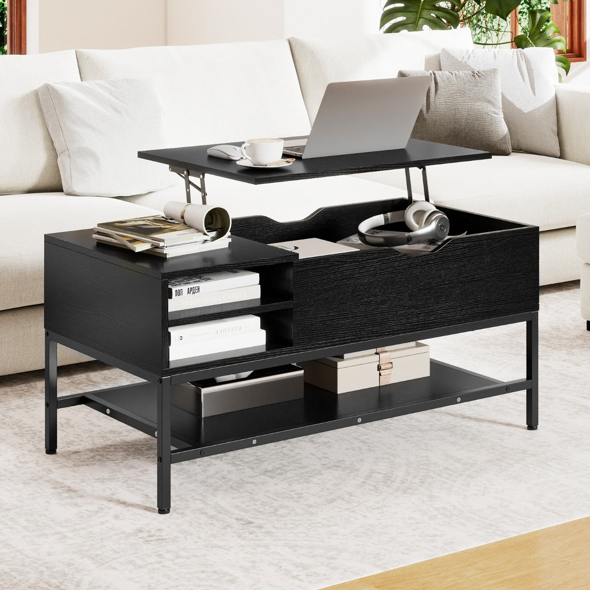 Mesa de Centro Elevável com Compartimento Oculto e Prateleiras - Preto — foto 1
