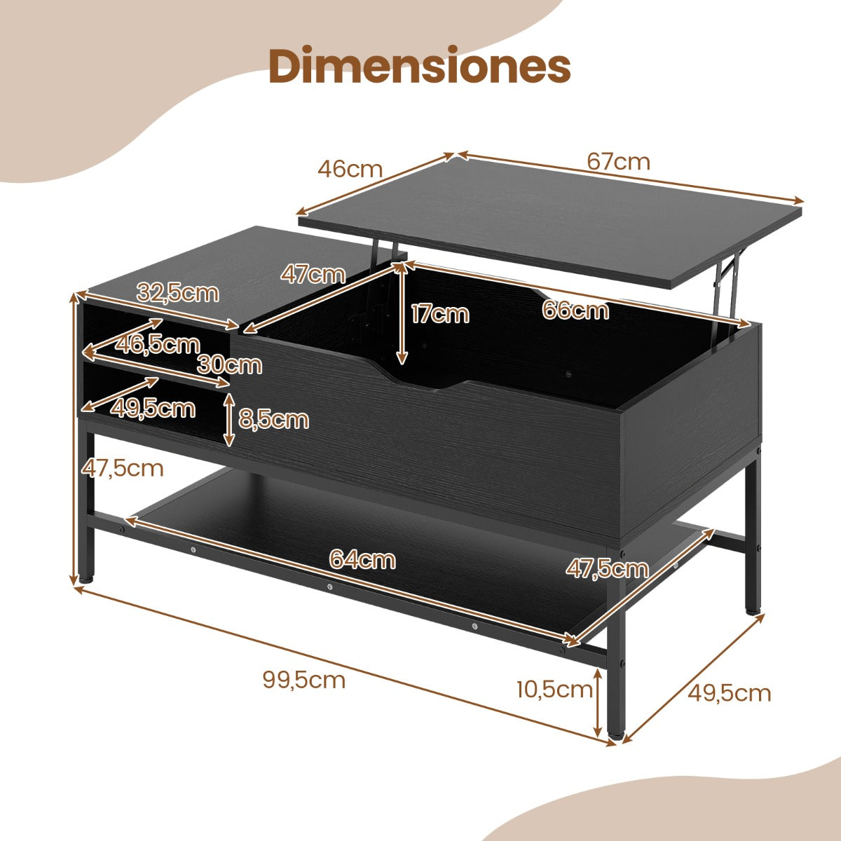 Mesa de Centro Elevável com Compartimento Oculto e Prateleiras - Preto — foto 3