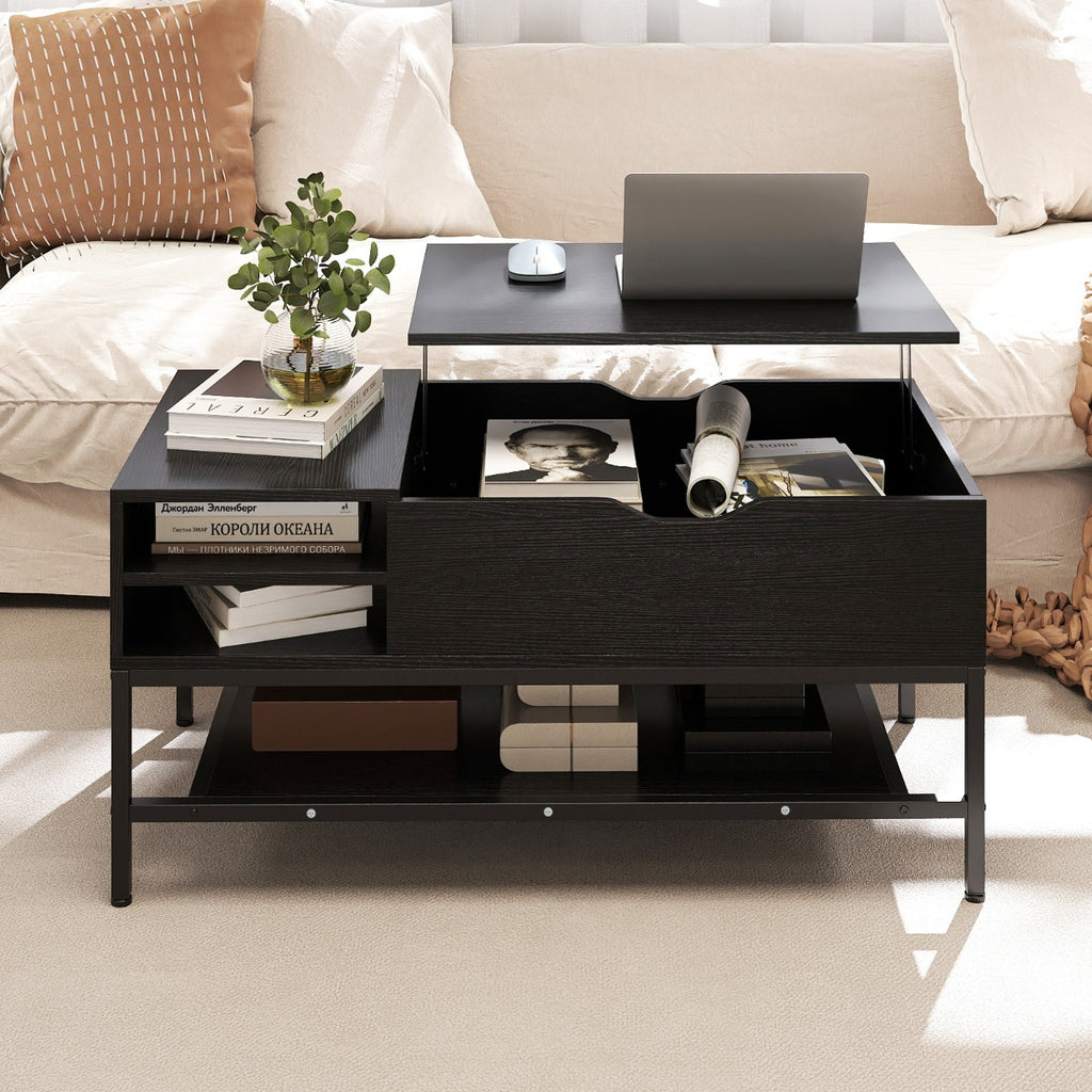 Mesa de Centro Elevável com Compartimento Oculto e Prateleiras - Preto — foto 4