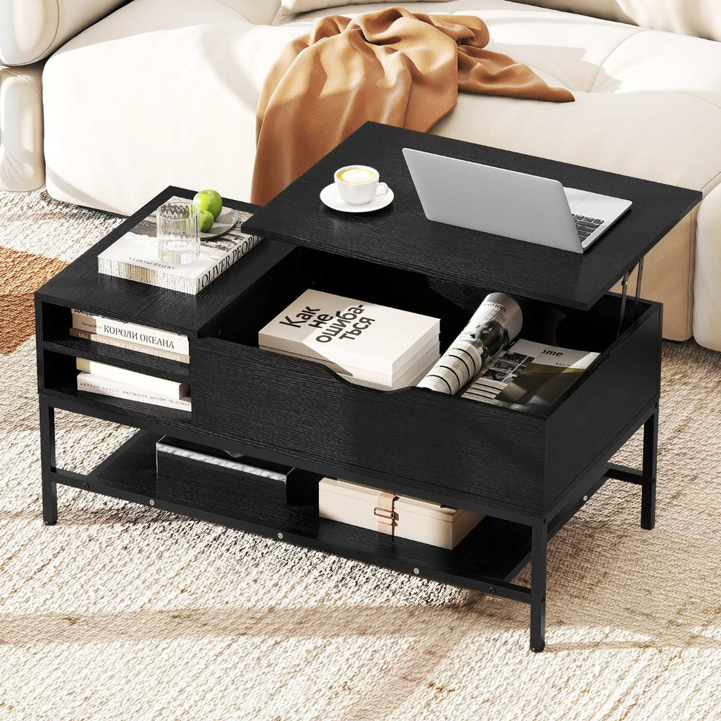 Mesa de Centro Elevável com Compartimento Oculto e Prateleiras - Preto — foto 5