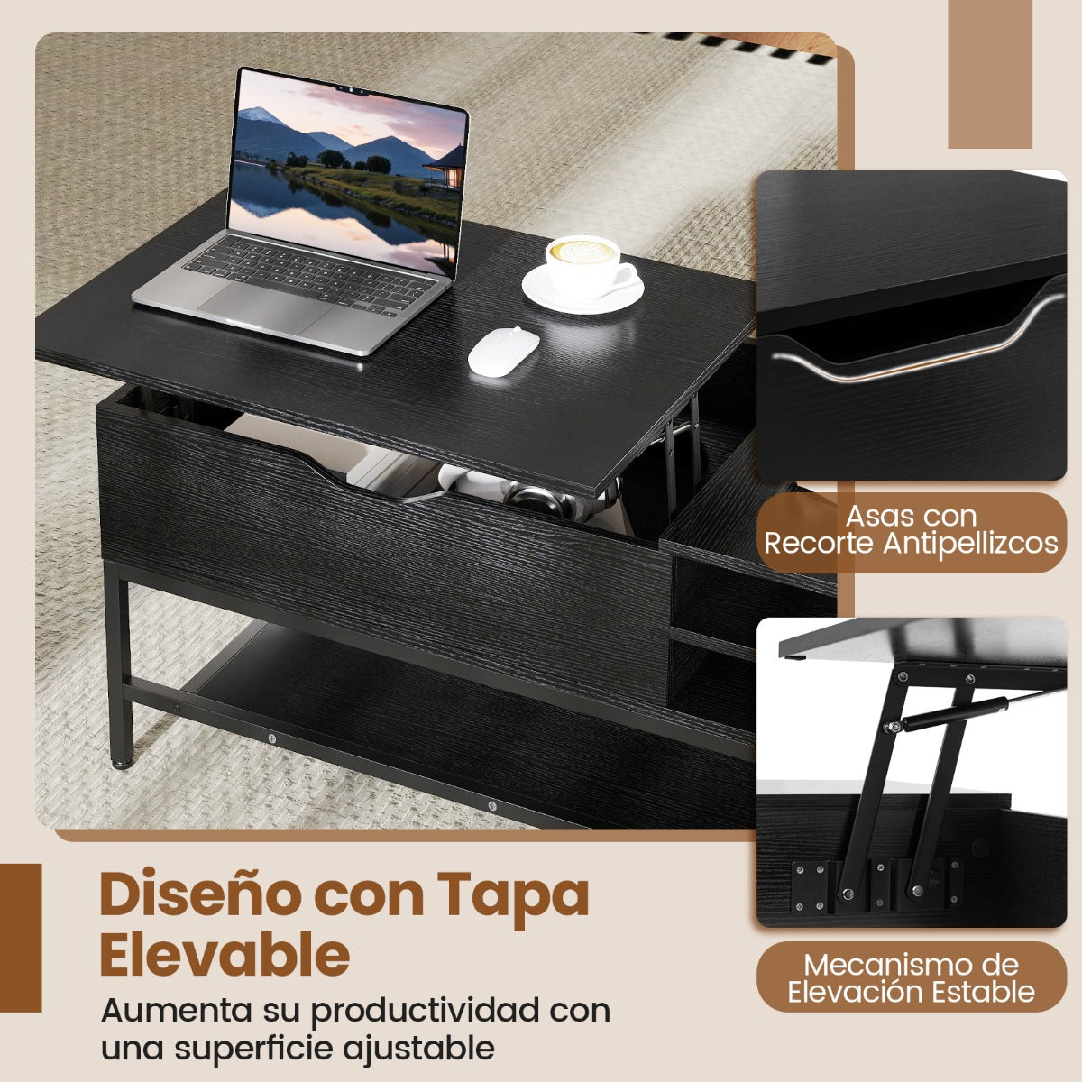 Mesa de Centro Elevável com Compartimento Oculto e Prateleiras - Preto — foto 7