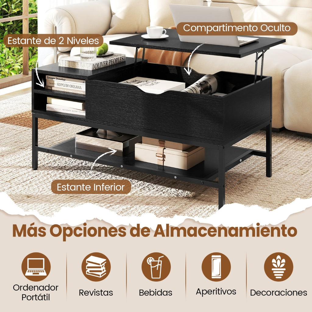 Mesa de Centro Elevável com Compartimento Oculto e Prateleiras - Preto — foto 8
