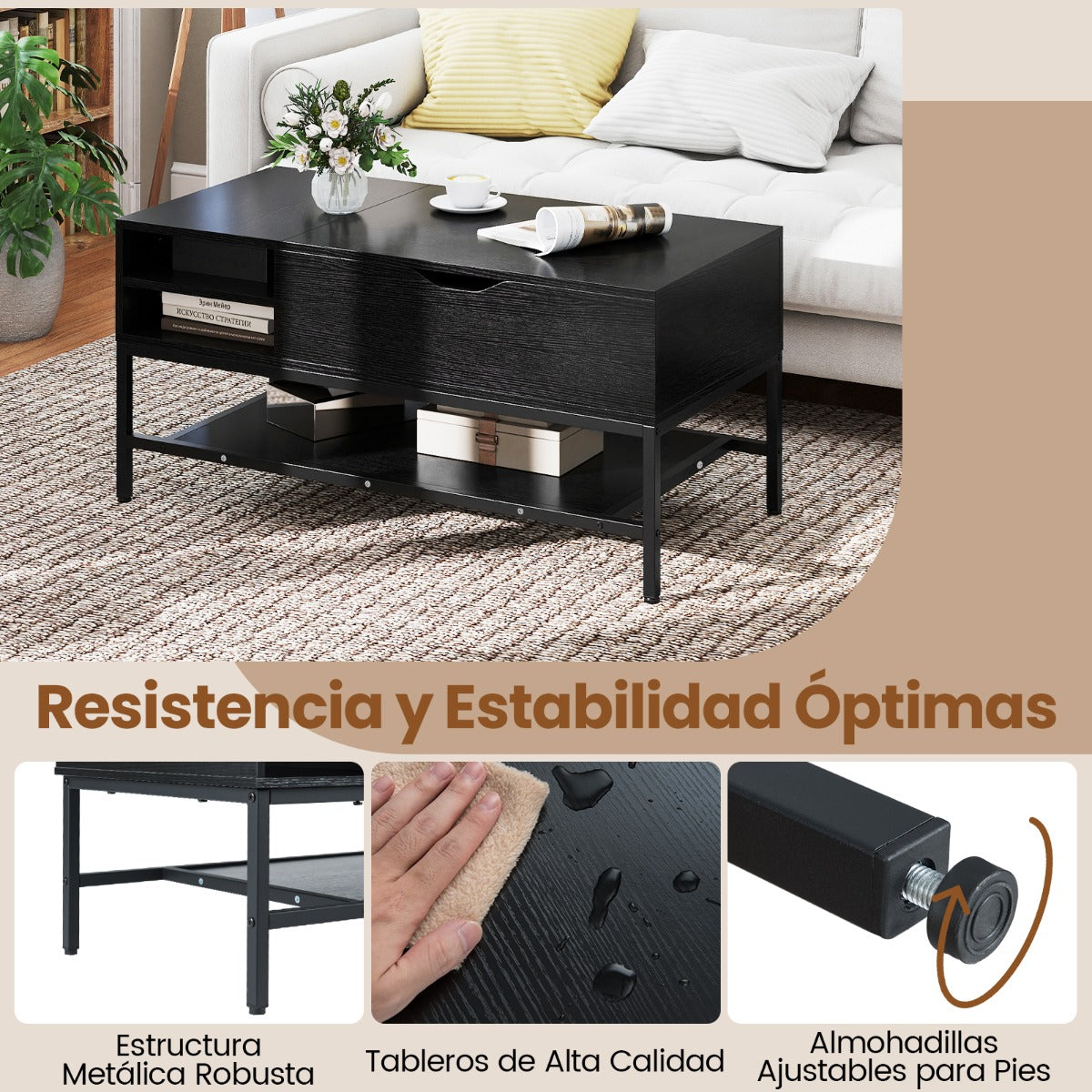 Mesa de Centro Elevável com Compartimento Oculto e Prateleiras - Preto — foto 9
