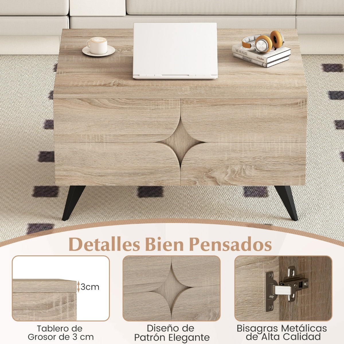 Mesa de Centro Moderna com Arrumação - 3 Gavetas e Compartimentos | 80x60cm — foto 7