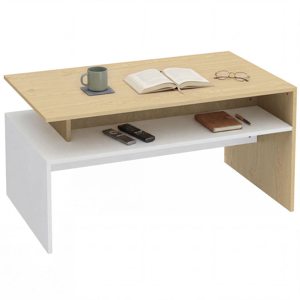 Mesa de Centro Moderna, Mesa Baixa para Sala de Estar com Compartimento, 95x55x50 cm Madeira e Branco — foto 1