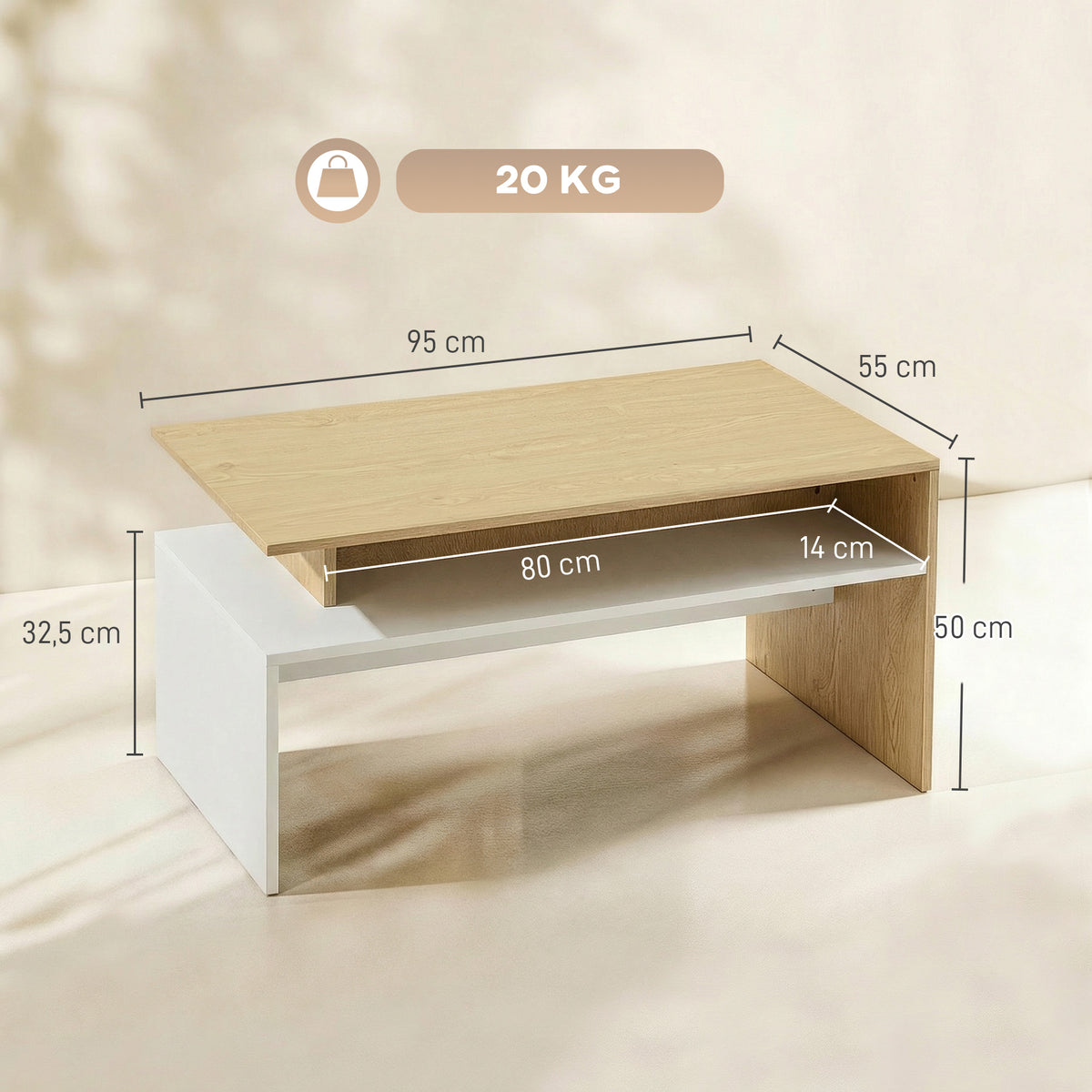 Mesa de Centro Moderna, Mesa Baixa para Sala de Estar com Compartimento, 95x55x50 cm Madeira e Branco — foto 3