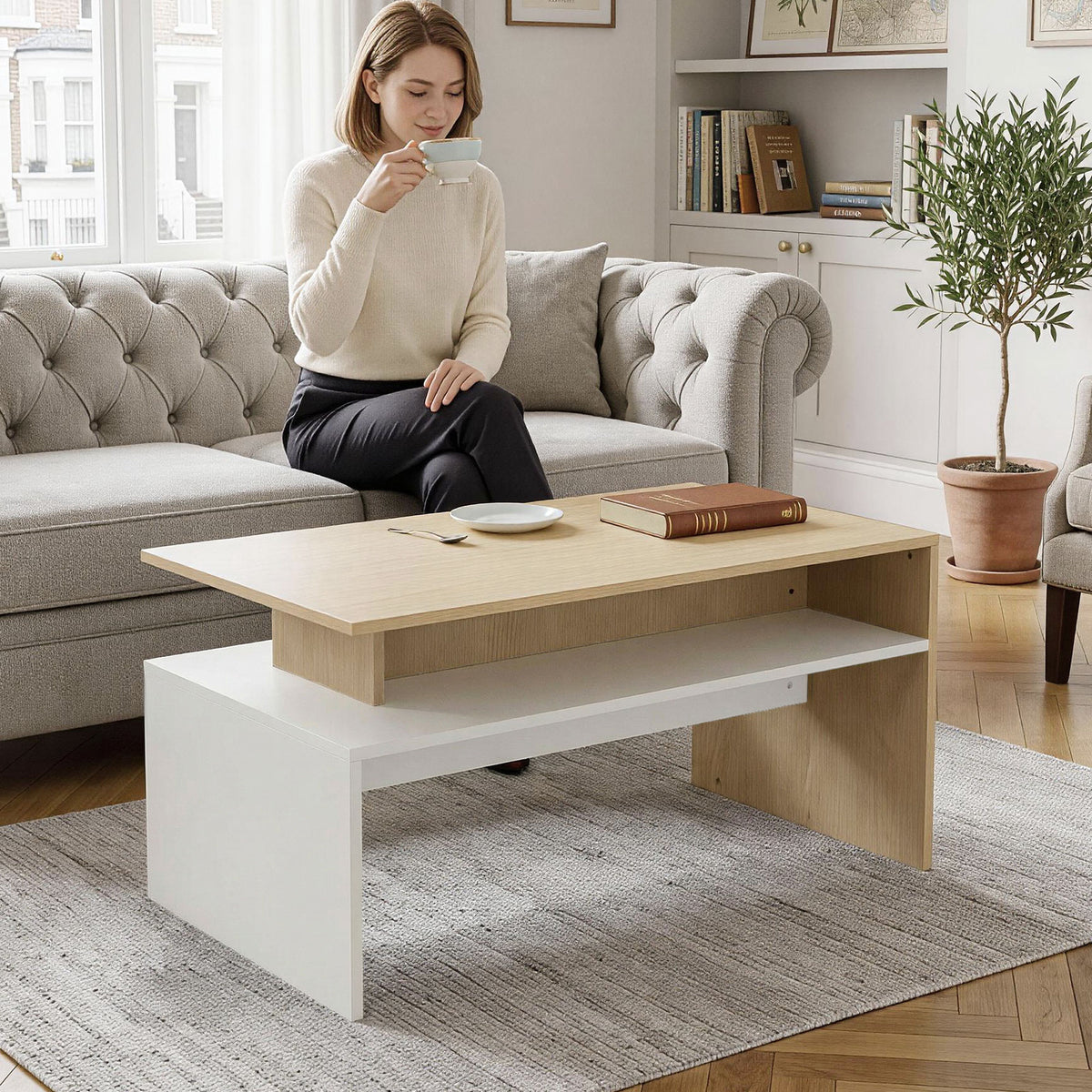 Mesa de Centro Moderna, Mesa Baixa para Sala de Estar com Compartimento, 95x55x50 cm Madeira e Branco — foto 8
