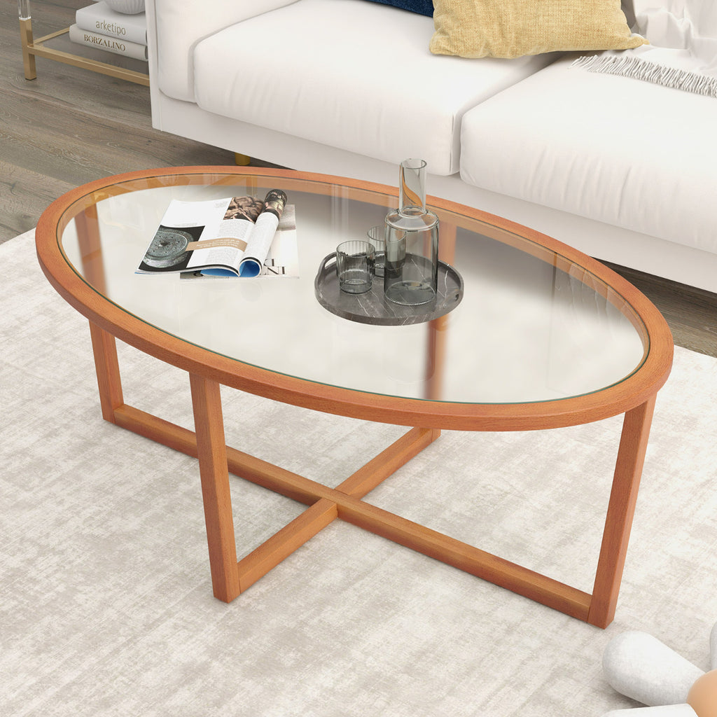 Mesa de Centro Oval em Vidro Temperado com Base de Madeira Acácia - Design Moderno para Sala 118x71cm — foto 5