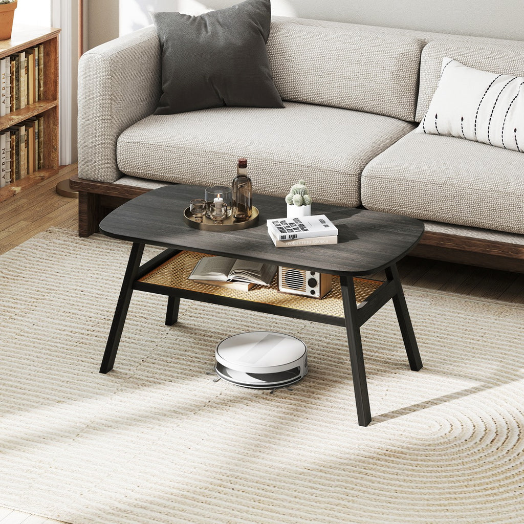 Mesa de Centro Retangular com 2 Níveis e Estante em Ráfia com Pés em Madeira de Seringueira 100 x 55 x 44,5 cm Cinzento Escuro — foto 1
