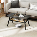 Mesa de Centro Retangular com 2 Níveis e Estante em Ráfia com Pés em Madeira de Seringueira 100 x 55 x 44,5 cm Cinzento Escuro — foto 1