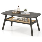 Mesa de Centro Retangular com 2 Níveis e Estante em Ráfia com Pés em Madeira de Seringueira 100 x 55 x 44,5 cm Cinzento Escuro — foto 2