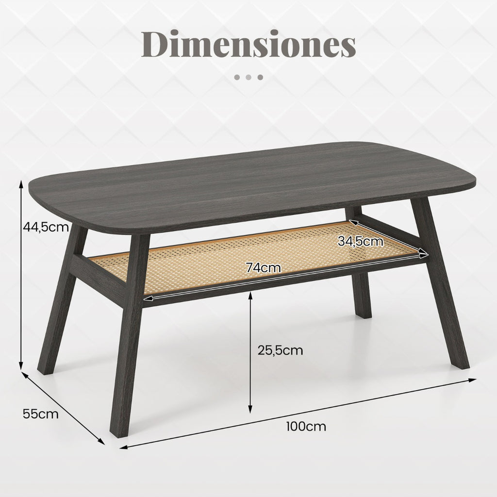 Mesa de Centro Retangular com 2 Níveis e Estante em Ráfia com Pés em Madeira de Seringueira 100 x 55 x 44,5 cm Cinzento Escuro — foto 3