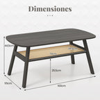 Mesa de Centro Retangular com 2 Níveis e Estante em Ráfia com Pés em Madeira de Seringueira 100 x 55 x 44,5 cm Cinzento Escuro — foto 3