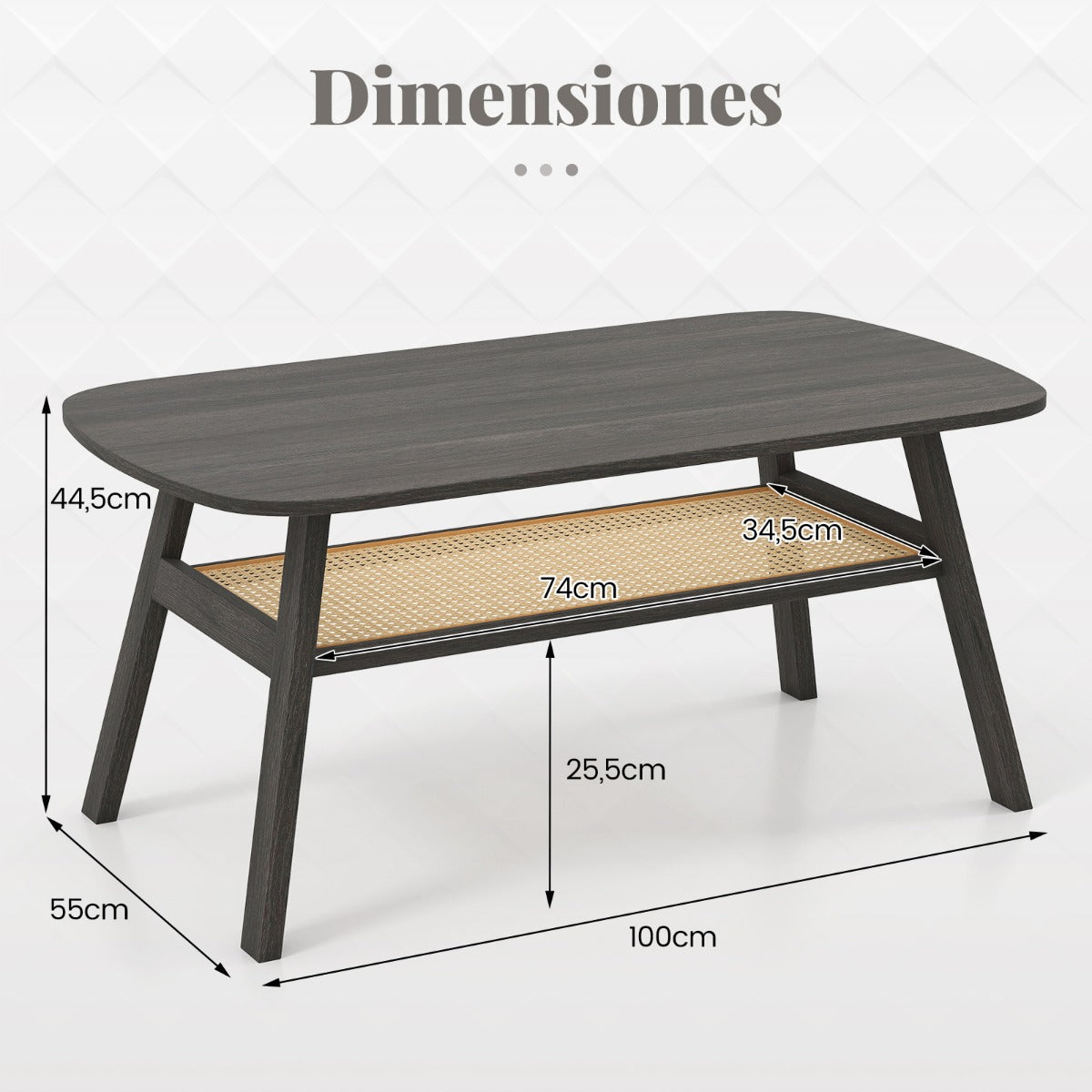 Mesa de Centro Retangular com 2 Níveis e Estante em Ráfia com Pés em Madeira de Seringueira 100 x 55 x 44,5 cm Cinzento Escuro — foto 3