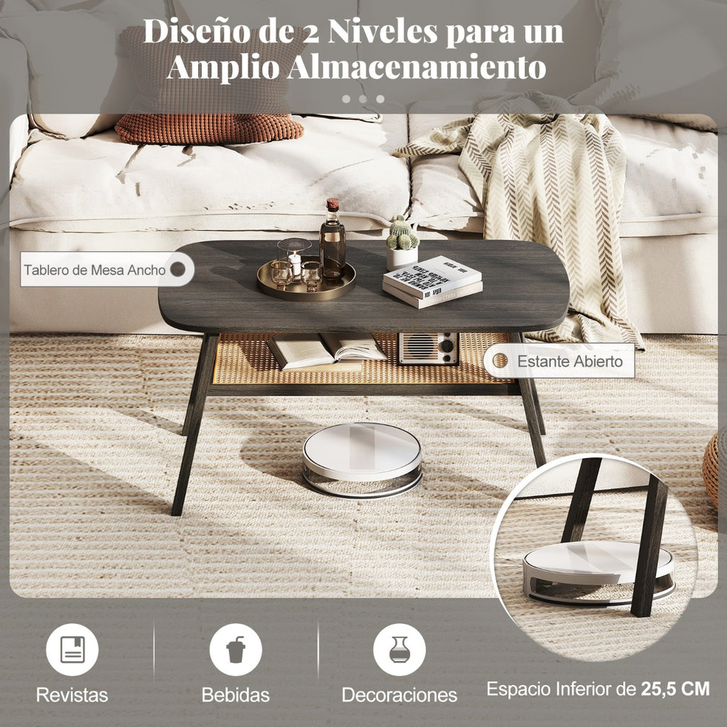 Mesa de Centro Retangular com 2 Níveis e Estante em Ráfia com Pés em Madeira de Seringueira 100 x 55 x 44,5 cm Cinzento Escuro — foto 5