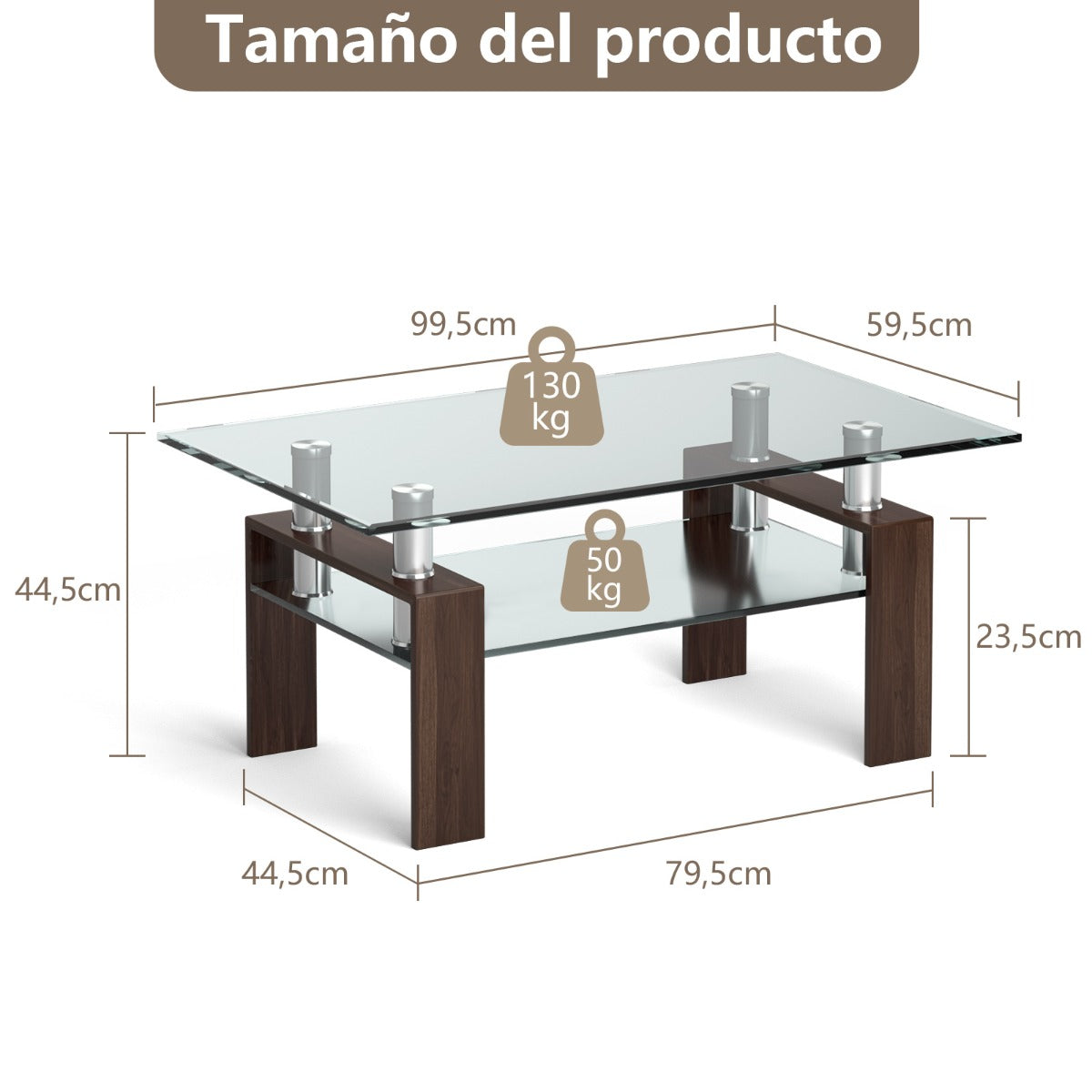 Mesa de Centro Retangular com Tampo em Vidro e Estrutura Metálica 99,5 x 59,5 x 44,5 cm castanha — foto 3