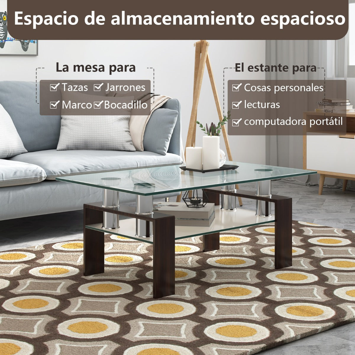Mesa de Centro Retangular com Tampo em Vidro e Estrutura Metálica 99,5 x 59,5 x 44,5 cm castanha — foto 4