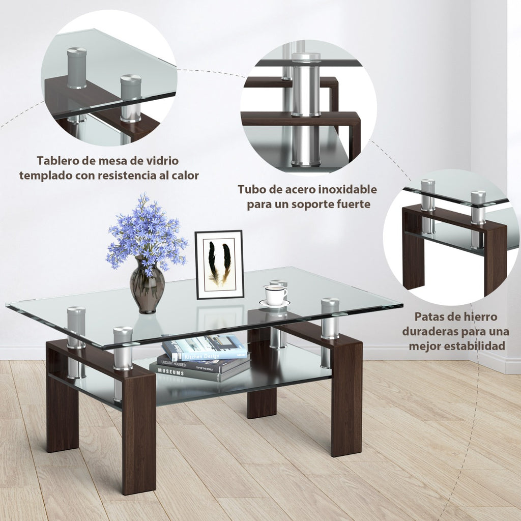 Mesa de Centro Retangular com Tampo em Vidro e Estrutura Metálica 99,5 x 59,5 x 44,5 cm castanha — foto 6