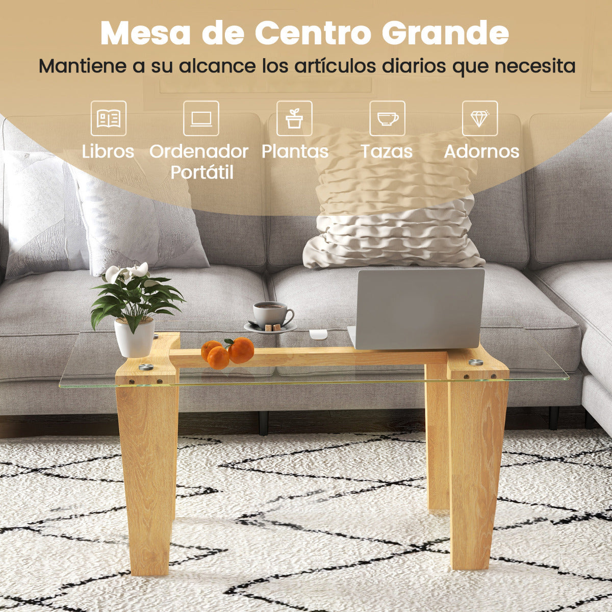 Mesa de Centro Retangular com Tampo em Vidro Temperado e Pés em Madeira de Borracha Natural 100 cm — foto 8