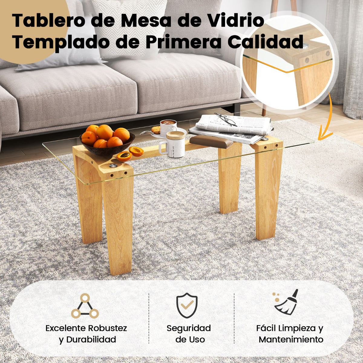 Mesa de Centro Retangular com Tampo em Vidro Temperado e Pés em Madeira de Borracha Natural 100 cm — foto 9