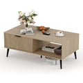 Mesa de centro retangular em MDF e PB com porta deslizante ondulada, compartimento de dupla face e pernas estáveis, 105 cm, madeira natural — foto 1