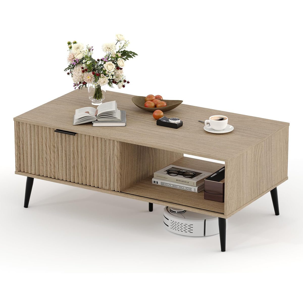 Mesa de centro retangular em MDF e PB com porta deslizante ondulada, compartimento de dupla face e pernas estáveis, 105 cm, madeira natural — foto 1