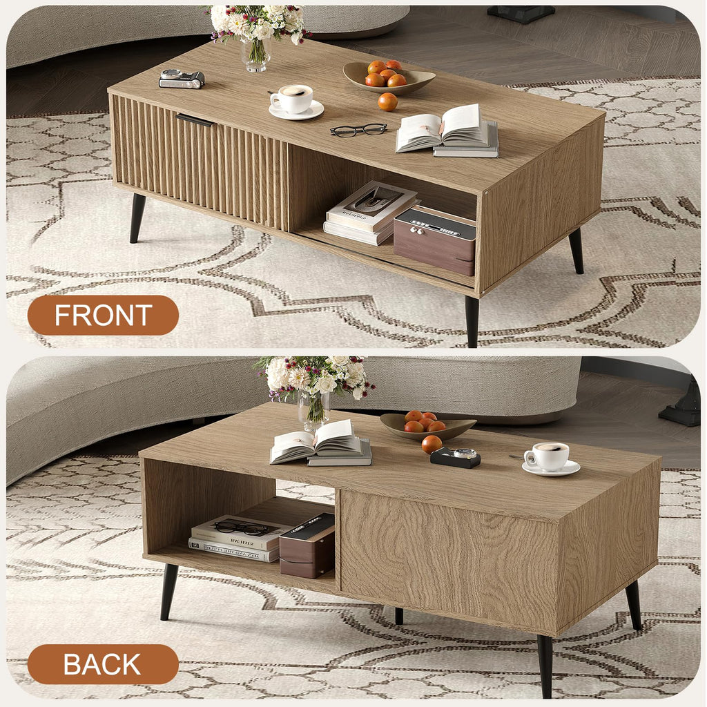 Mesa de centro retangular em MDF e PB com porta deslizante ondulada, compartimento de dupla face e pernas estáveis, 105 cm, madeira natural — foto 3