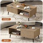 Mesa de centro retangular em MDF e PB com porta deslizante ondulada, compartimento de dupla face e pernas estáveis, 105 cm, madeira natural — foto 3