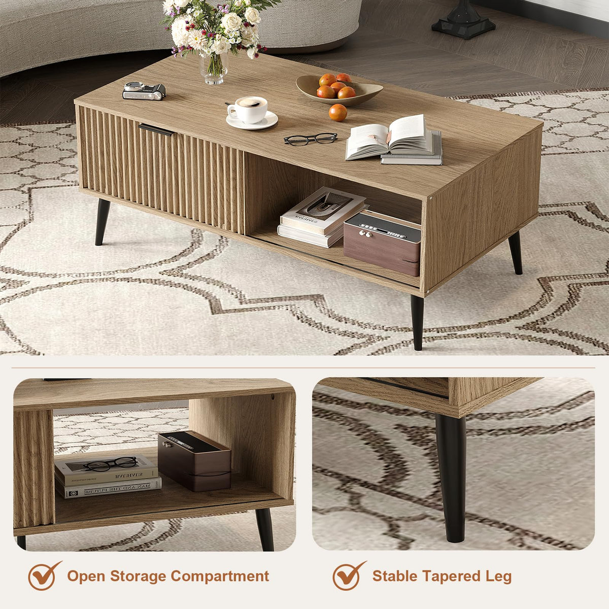 Mesa de centro retangular em MDF e PB com porta deslizante ondulada, compartimento de dupla face e pernas estáveis, 105 cm, madeira natural — foto 4