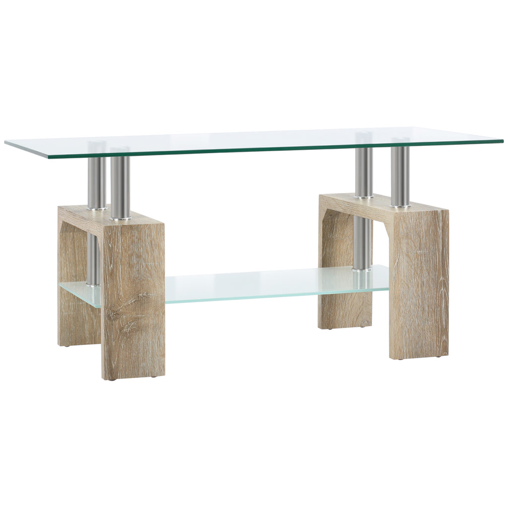 Mesa de Centro Retangular Mesa Auxiliar de Sala de Estar com 2 Prateleiras de Vidro Temperado Estrutura de Aço Inoxidável e Pés de Madeira Estilo Moderno 90x50x42cm Madeira e Transparente — foto 1