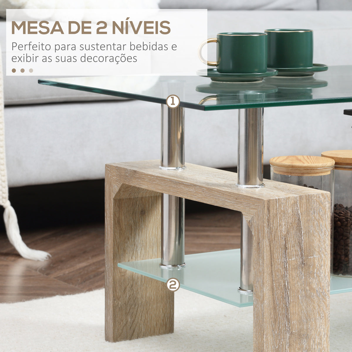 Mesa de Centro Retangular Mesa Auxiliar de Sala de Estar com 2 Prateleiras de Vidro Temperado Estrutura de Aço Inoxidável e Pés de Madeira Estilo Moderno 90x50x42cm Madeira e Transparente — foto 5