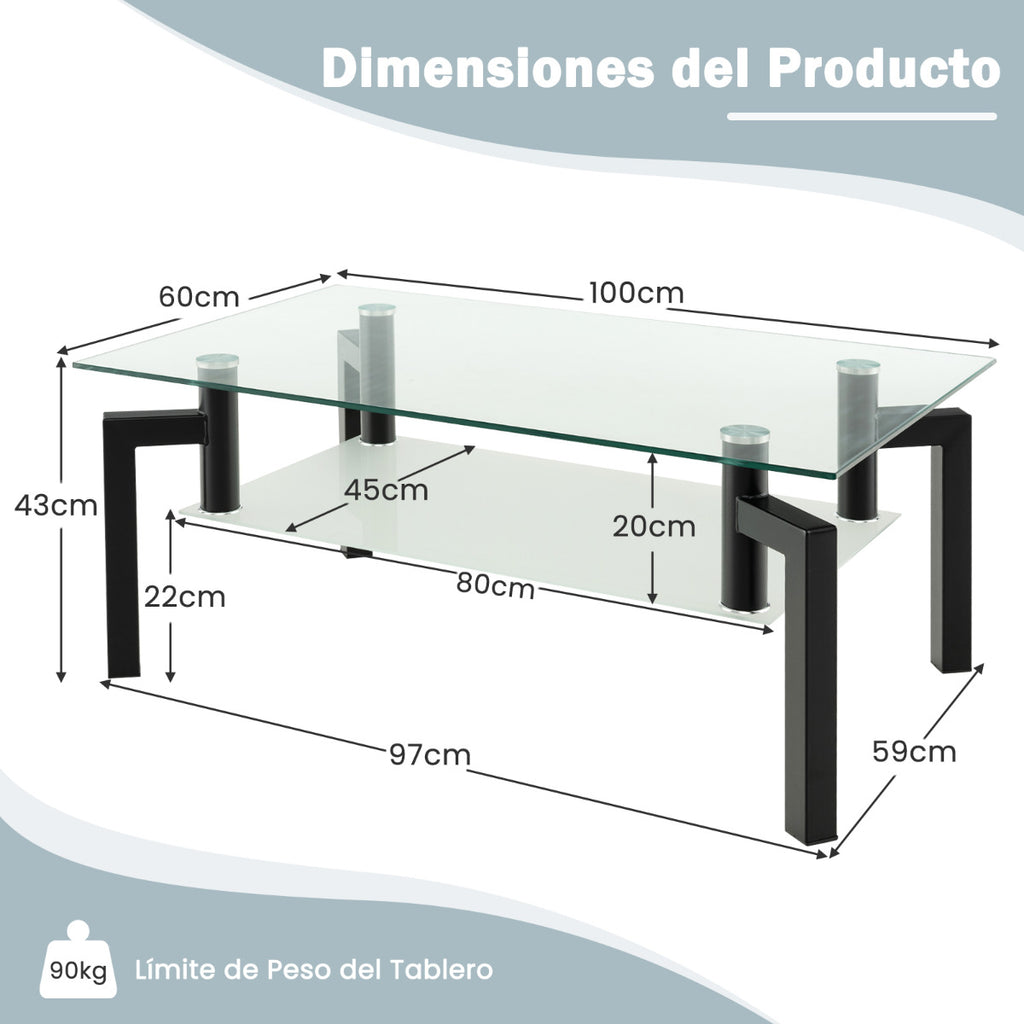 Mesa de Centro Retangular Moderna 2 Níveis Vidro Temperado 100x60x43cm Preta Sala — foto 3